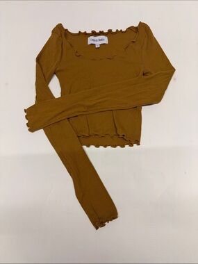 Organic Basics Ribbed Lettuce-Edge Long Sleeve Top - mustard brown yellow tan
